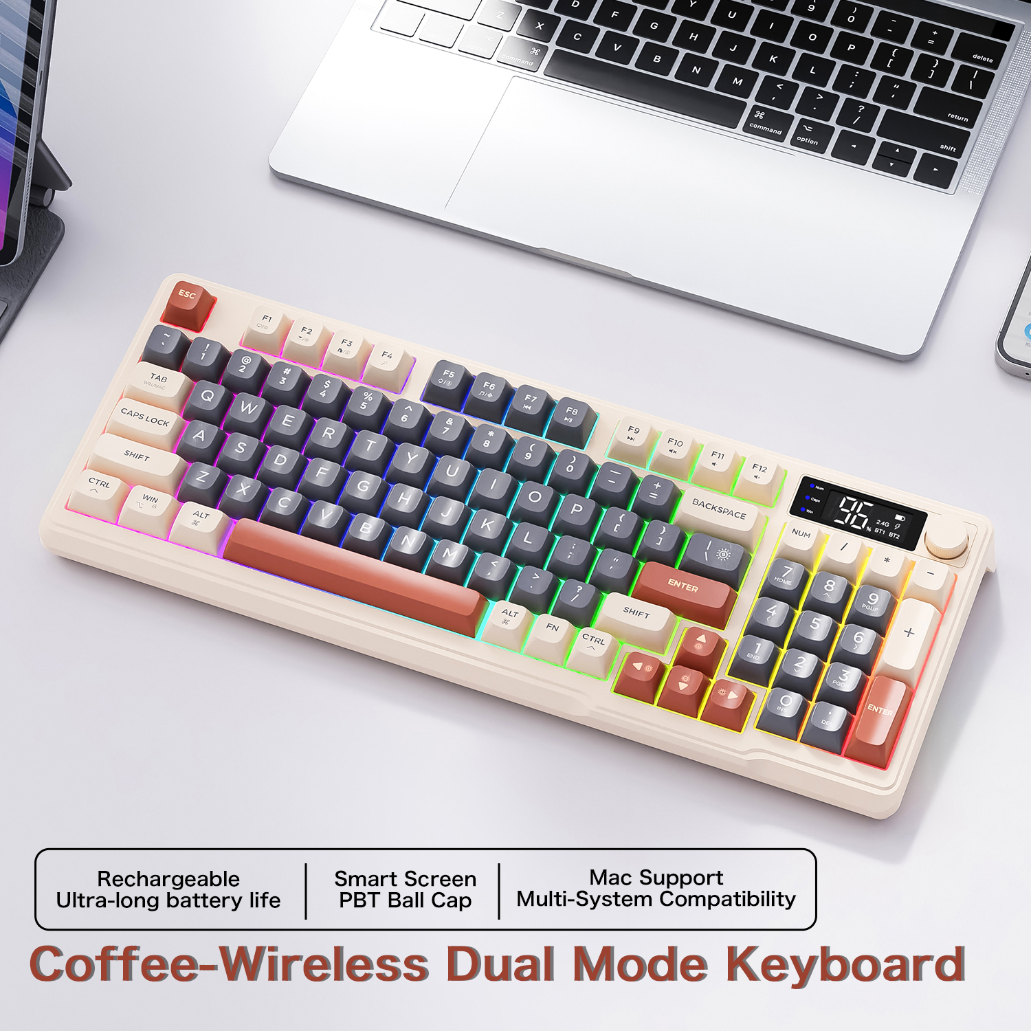 FREEWOLF M96 Wireless Bluetooth Dual-Mode Keyboard PBT Keycap Screen Knob Lithium Battery Backlight Multi-Device Gaming. 