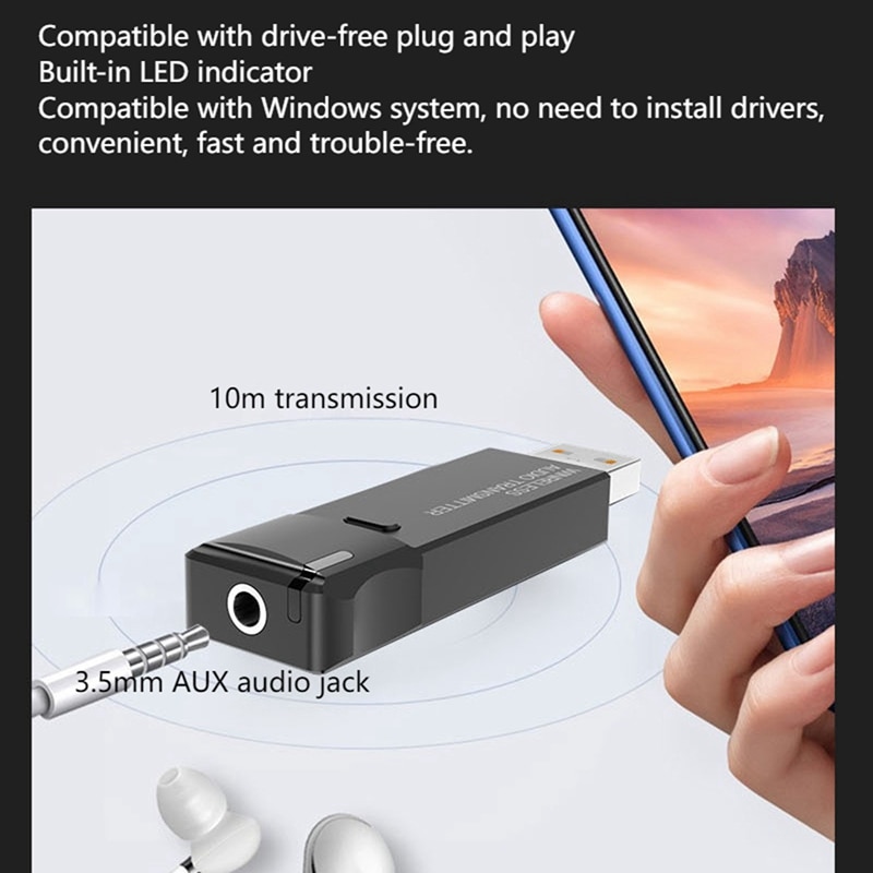 Driver-Free USB Bluetooth 5.3 Audio Transmitter, for Game Console PS4/5, Computer, Compatible with Windows XP/7/8/10. 