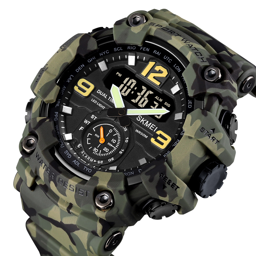 SKMEI 1637 Army Green Camouflage PU Dual Time Watch For Unisex - Army Green Camouflage. 