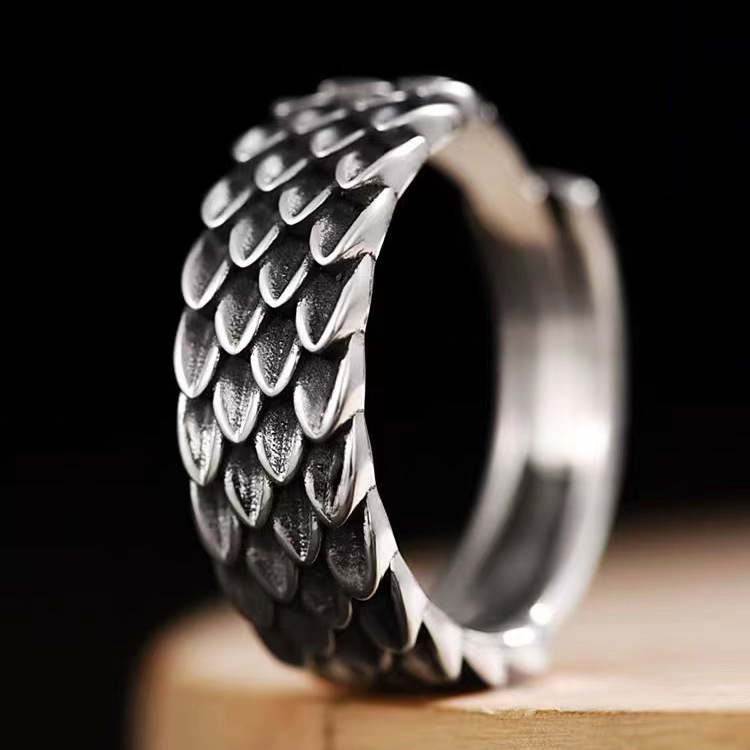 Dragon scale ring men's trendy retro simple personalized index finger ring men's Thai silver old hand ornament reverse scale open ring