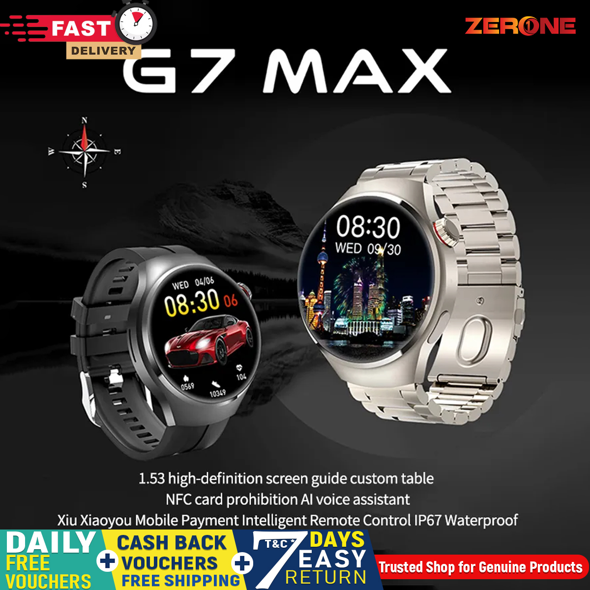 G7 Max Smartwatch – 1.53" HD Display, NFC, AI Voice Assistant, Compass, Stainless Steel Round Dial Fitness Tracker for Men