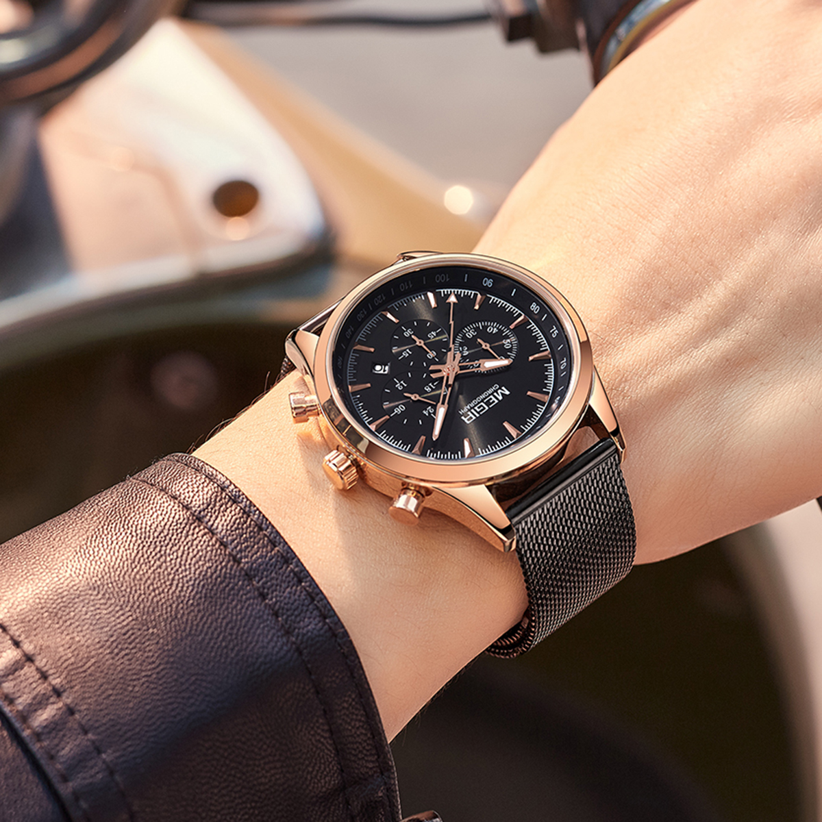 MEGIR WATCH MS2153 for Men (Rose gold case and black mesh band). 