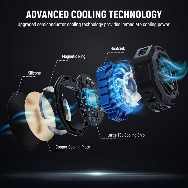 Phone Cooler Magnetic Wireless Charger with RGB Lighting, 3 Level Quick Cooling Fan for Phone Gaming Live Streaming Easy Install. 