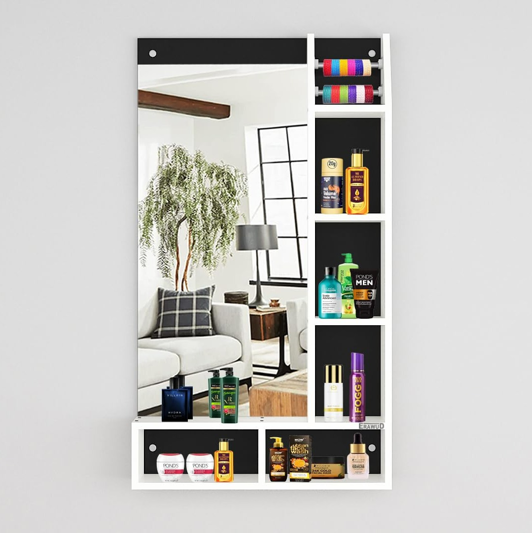 KBN INTERIORS Engineered Wood Melamine Board Matte Finish Rectangular Wall Mount Hanging Dressing Table Mirror with Shelf. 