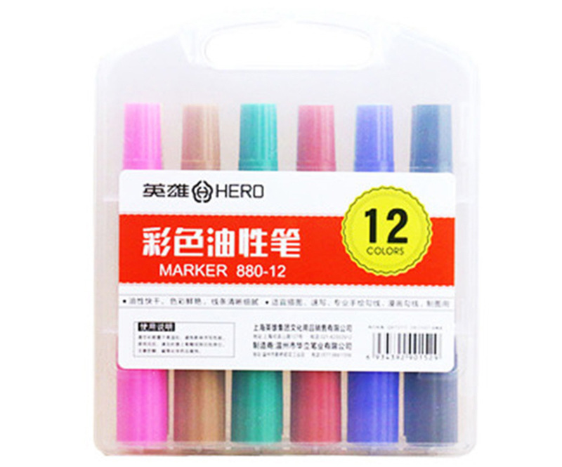 Hero 880-12 Large Double Head 12 Color Color Box Oily Marker Marker Pen Mike Pen POP Poster Pen