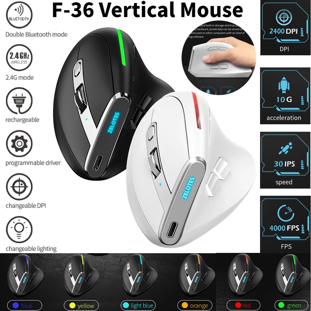 ZELOTES F-36 F-36A 8 Buttons Wireless Rechargeable Mice Gaming Mouse 2400 DPI Ergonomic Optical Vertical Mouse USB Mice for PUBG
