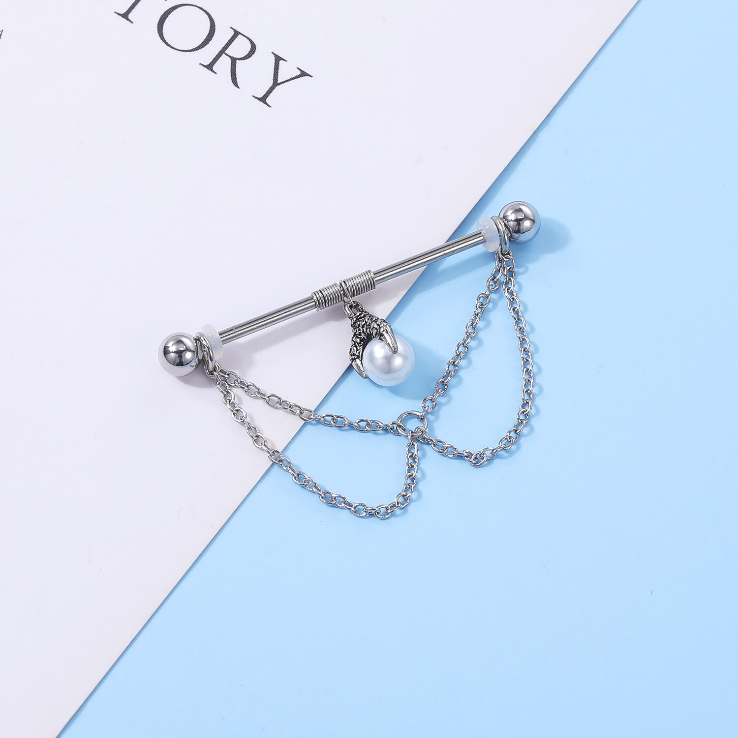 AOJ 14G Industrial Barbell Piercing Gold Plated Drop Earring Chain Stainless Steel Ear Decoration Earring Pearl Opal Star Women. 