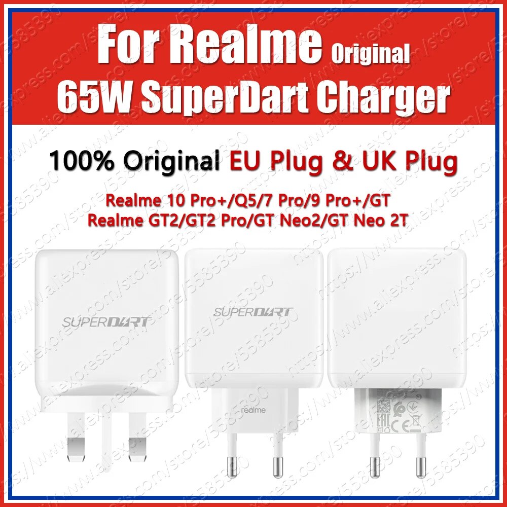 Official EU Plug Realme 65W SuperDart Charger Power Adapter UK Original Realme 10 Pro Plus GT Neo2T GT2 Pro Q5 9 Pro 8 7 Pro