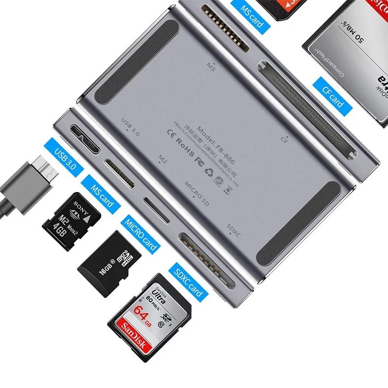 FB-886 Metal All in One USB3.0 Card Reader for TF (micro SD) SDXC CF MS M2 High Speed Cards Reader. 