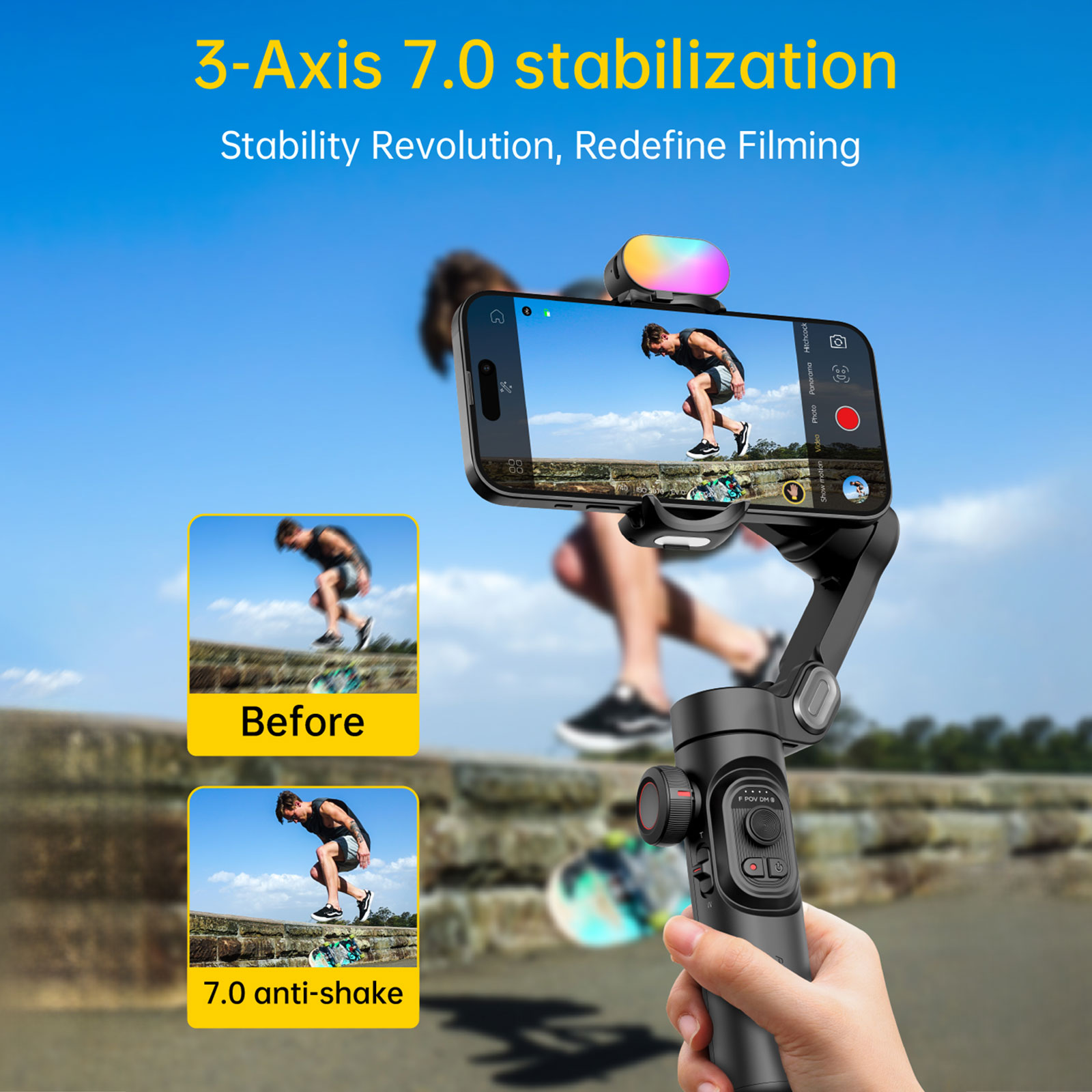 Aochuan Smart XE Kit Gimbal Stabilizer for Smartphone iPhone Video Recording Magnetic Fill Light 3-Axis Foldable Android Gimble. 