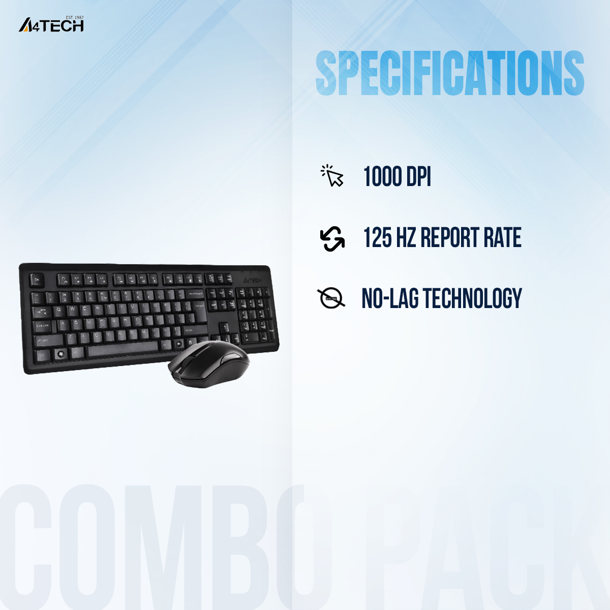A4TECH 4200N Wireless Keyboard Mouse Combo - 2.4G Wireless - 12 Multimedia Hotkeys - 1000 DPI - For PC/Laptop - Black. 