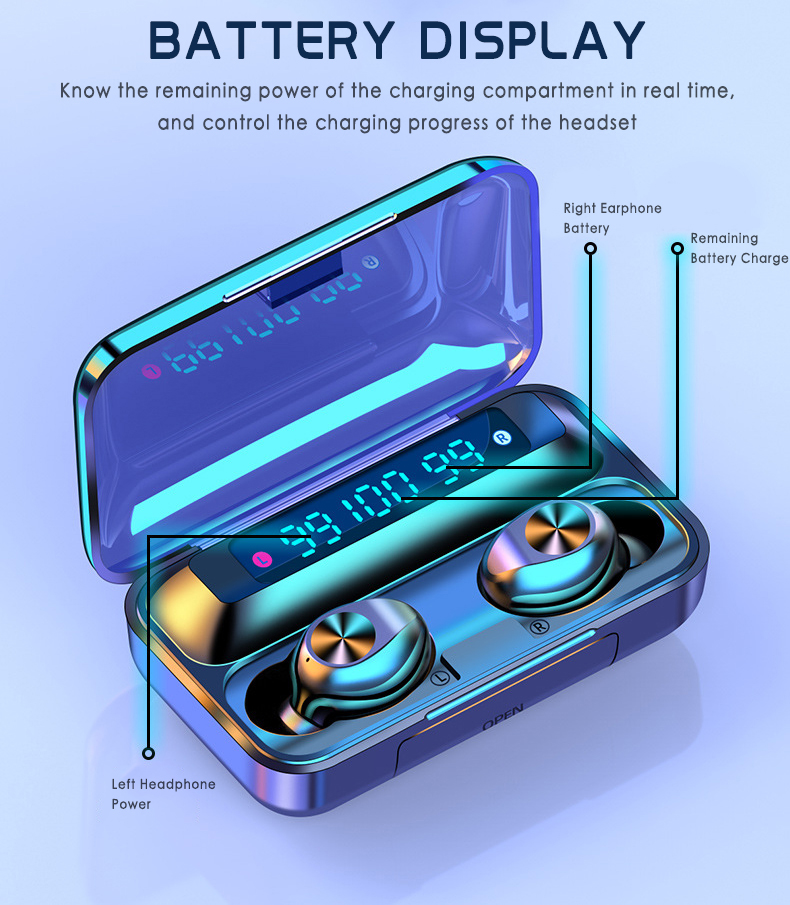 F9 TWS Bluetooth Earphones V5.0 TWS Earphones Touch Control LED Display Noise Canceling Earphones with Charging Box for Iphone Xiaomi. 