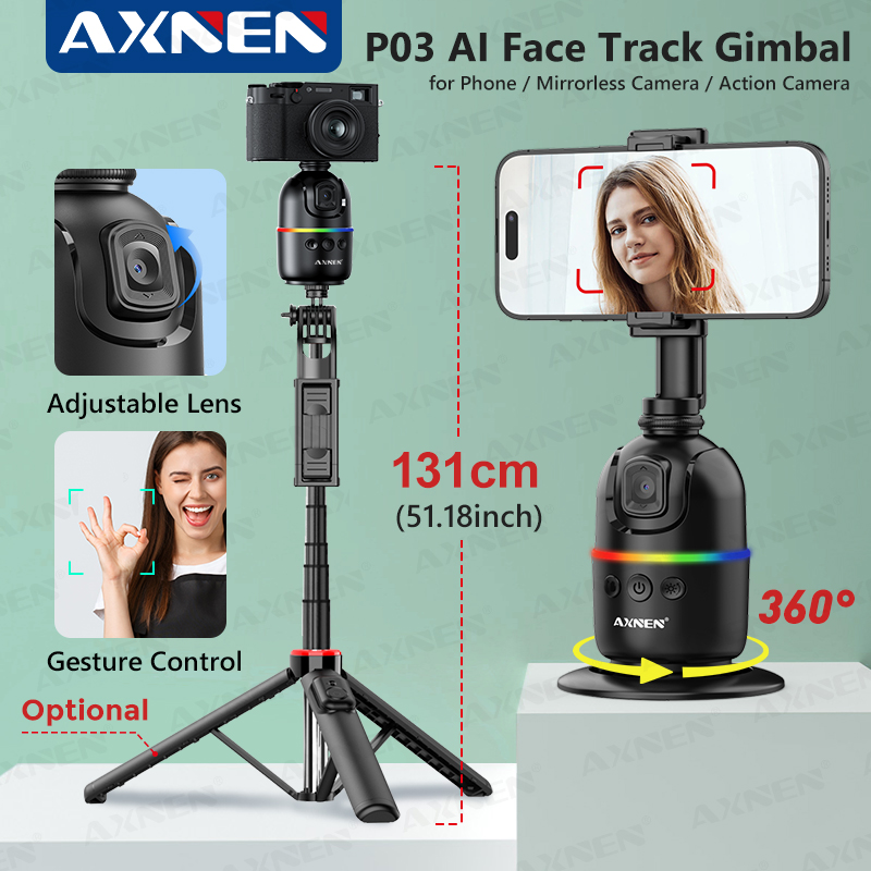 AI Face Tracking Gimbal Mobile Phone Stabilizer, 360 Auto Rotate Selfie Stand for Iphone 15 Pro Max Android, Optional Tripod