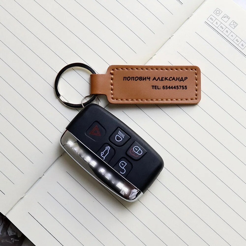 [Laser Engraving of Name Number] Leather Car Key Chain Wood Keyring Keychain DIY Key Holder for Girl Men Women Lady. 