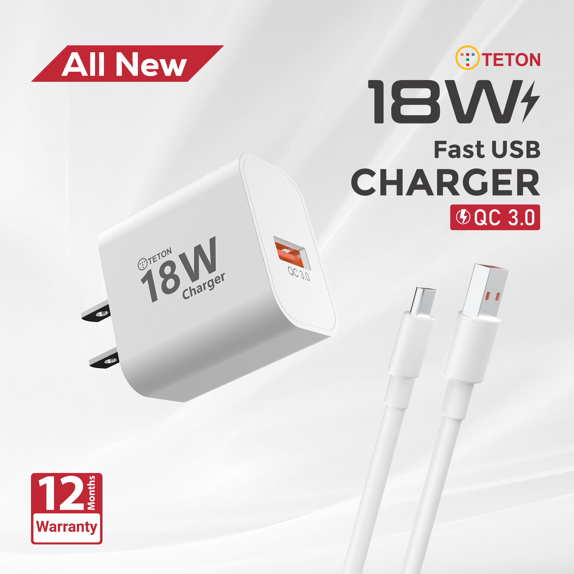18W Fast Charger - USB Type-A Charger with USB Cable, Quick Charge Power Adapter for All Android Samsung and iphone 16/15 Mobile Devices
