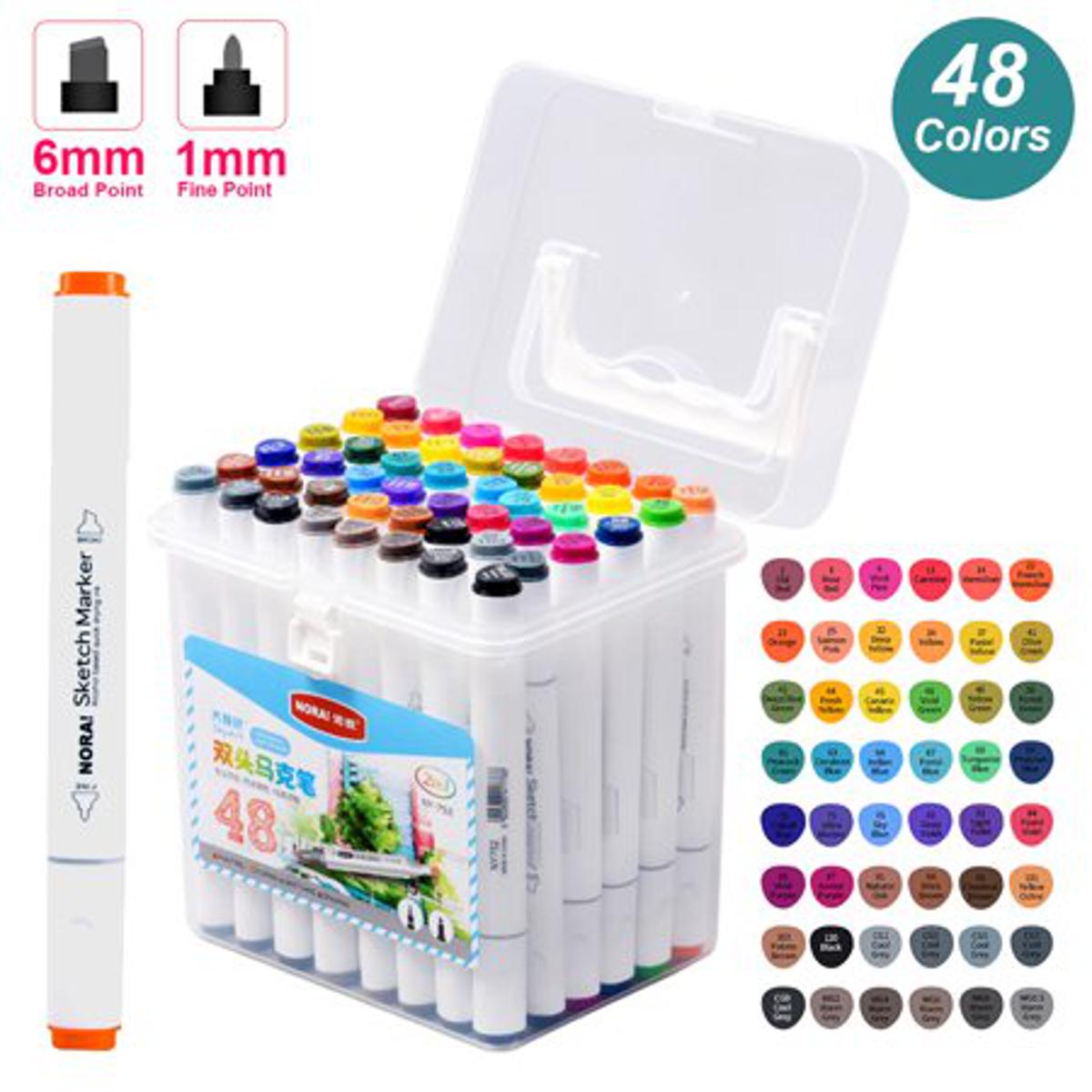 48 Colors Art Markers Set Dual Heads Broad Fine Point Based Marker Pens with PP Storage Box for Children Students Adults Professionals Beginners Artists Designers Drawing Coloring Sketching Art Creat 1box
