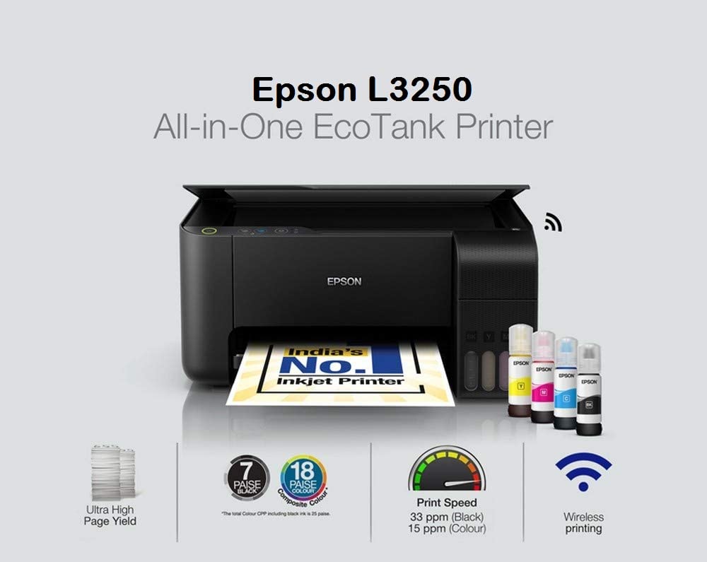 Epson EcoTank L3250 (33 ppm (Mono) & 15 ppm in Color, Scan-copy-print 1 year official warranty) Multifunction InkTank  Wi-Fi Color Printer. 