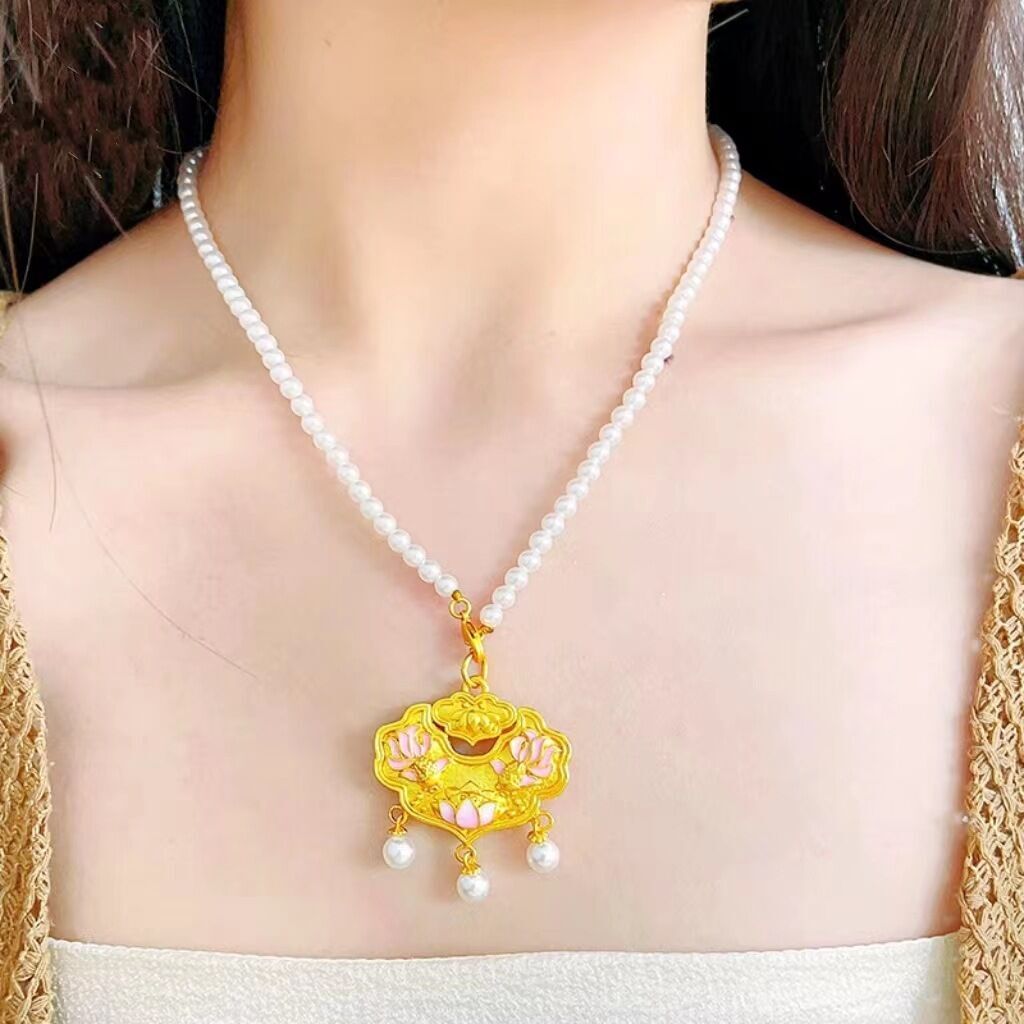 Ruyi Koi Pendant Shop Same Style Sand Gold Double Fish Lotus Safety Lock Bag Sweater Chain Necklace. 