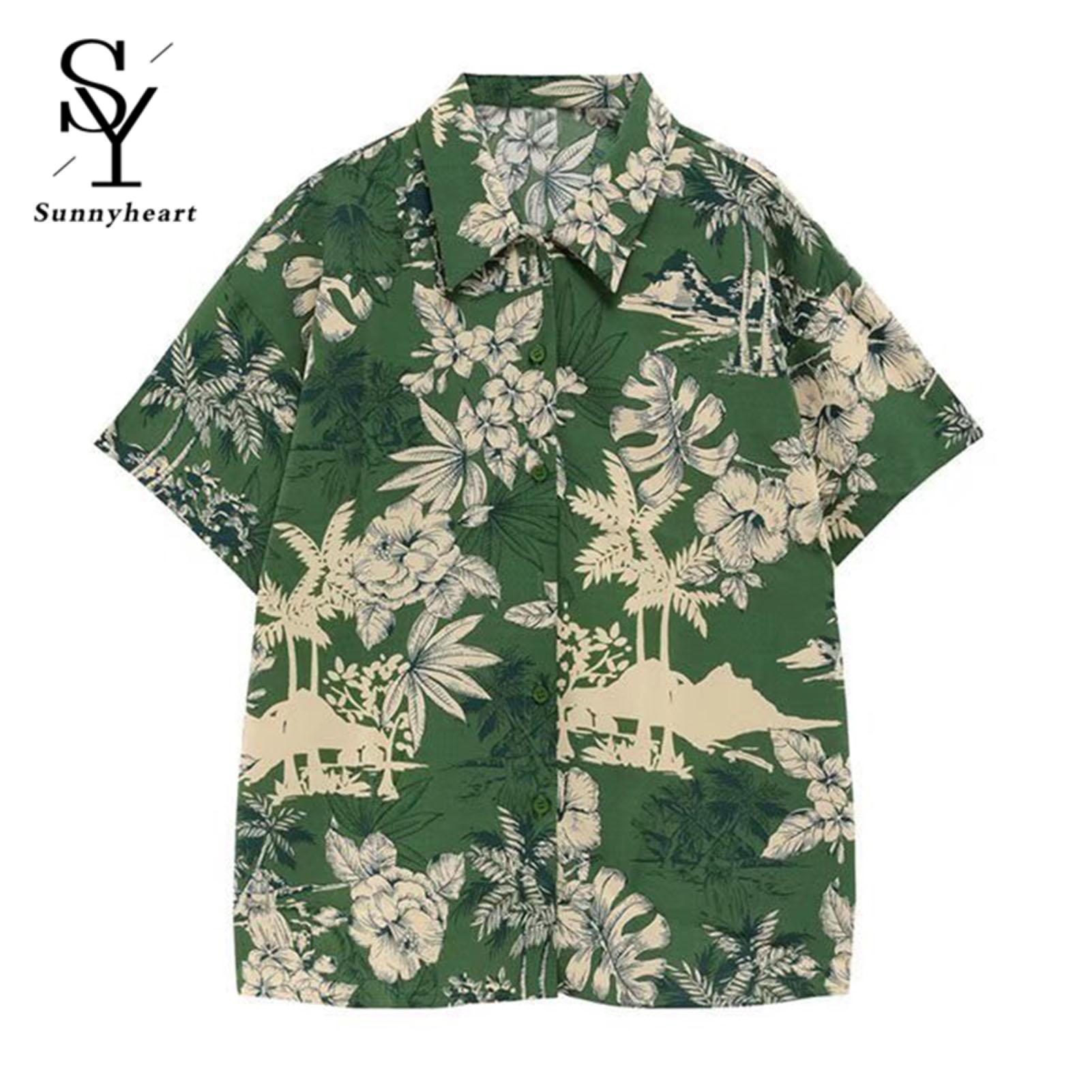 Sunnyheart Hawaiian Shirt Buttons Closure Coconut Printed Casual Hawaiian Shirt