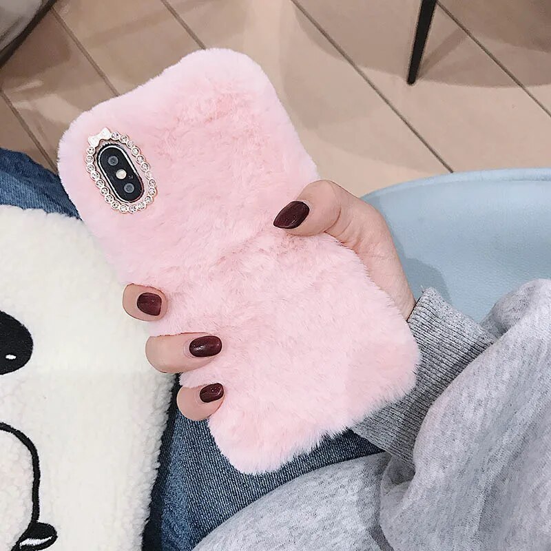 Luxury Plush Rabbit Fur Phone Case For Google Pixel 6 Pro 6A 7 7A 8 Shiny Diamond Lens Frame TPU Back Cover Fundas. 