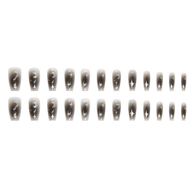 24Pcs Gray Silver Moon Star Long Fake Nails with Glue DIY Art Design False Nails Wearable Nails Artificial Nails. 