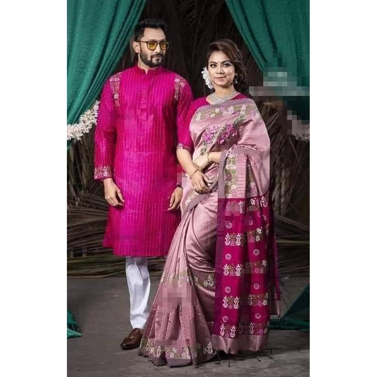 Exclusive Designer Dhupiyan Saree And Dhupiyan Panjabi For Combo Couple Dress- Saree & Panjabi