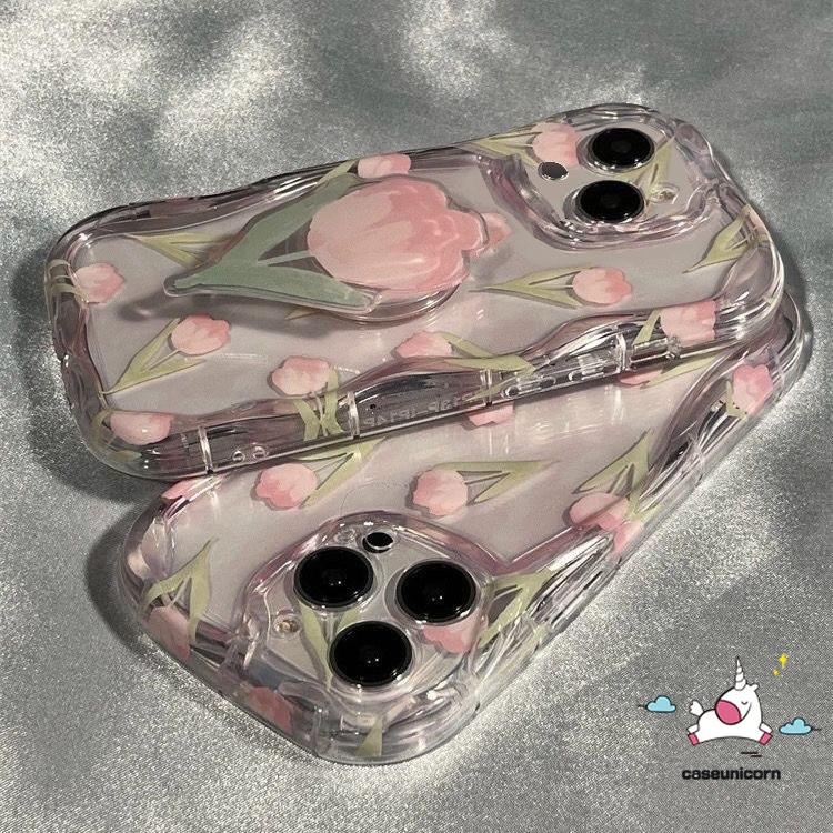 Pink Tulip Flower Stand Holder Iphone Case Compatiable For Realme C35 C55 C11 C25 C25Y C21Y 9i 7i 5i 6i 5 5s C20 C31 C17 C20A C25s C12 C33 C30 C3 C15 C1 C21 3D Wavy Curved Edge Soft Cover. 