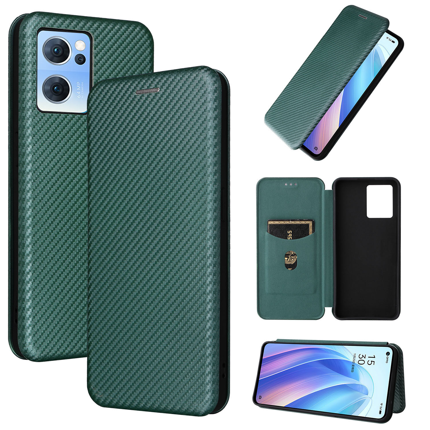 lthmy for Oppo Reno7 4G Carbon Fiber Magnetic Closure with Card Slot Flip Case Cover