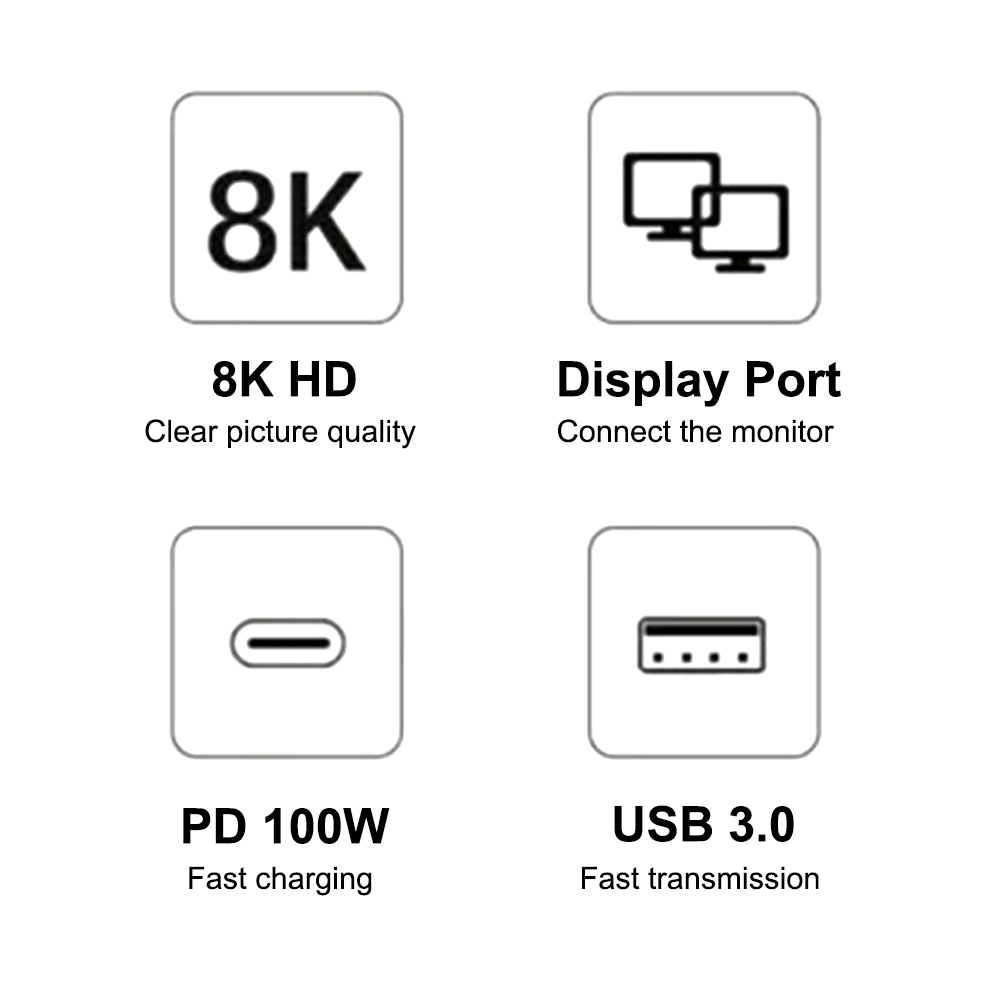 USB C To DisplayPort 1.4 Dock Converter 8K 3-In-1 Type C To DisplayPort 1.4 Cable Docking Station PD Charging USB Hub For Laptop. 