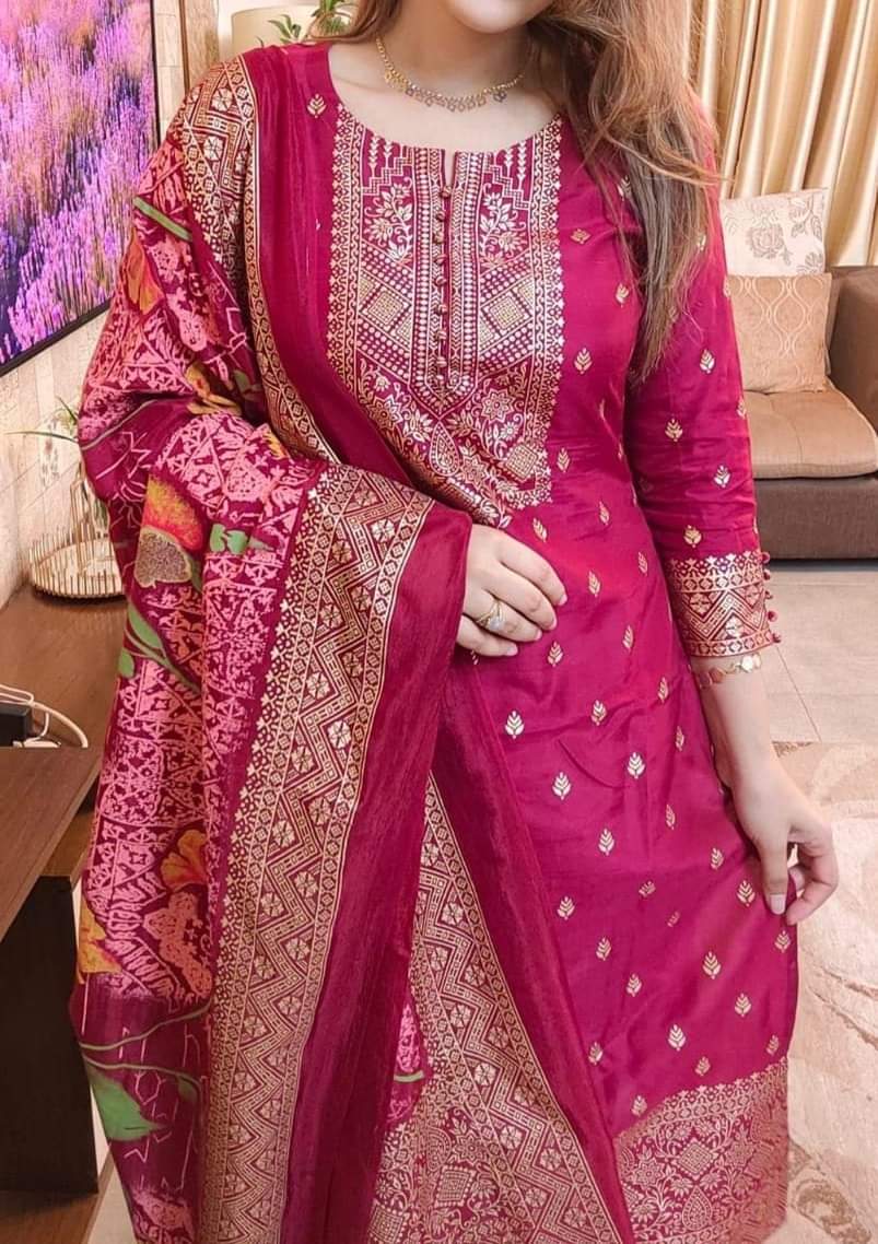 Three Piece Cotton Unstitched Skin Print For Women - সুতির 3 পিছ
