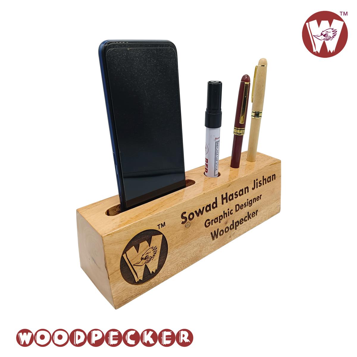 Customizable Mahogany Wood Table Nameplate with pen, mobile & card holder for office desk. 
