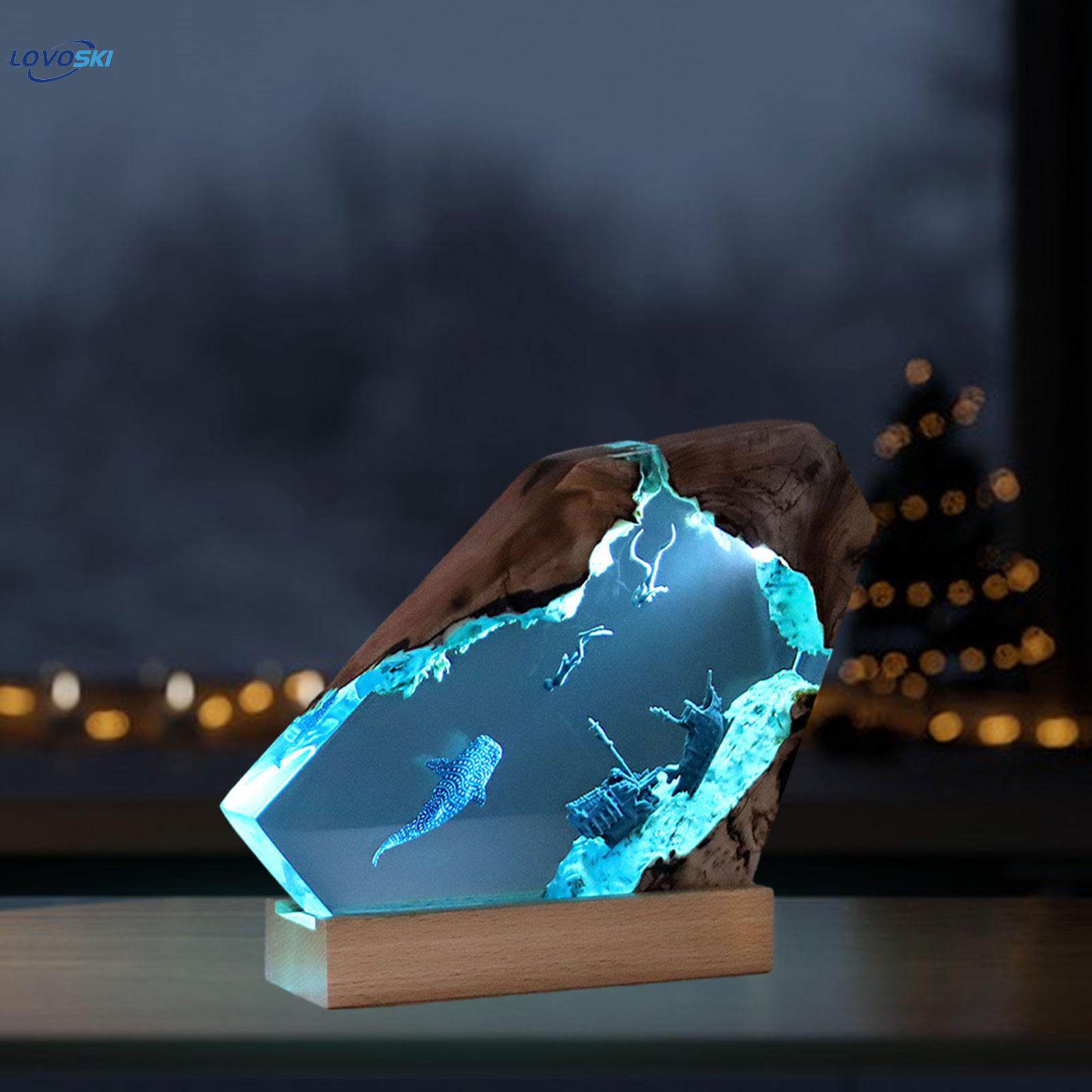 Epoxy Resin Desk Lamp Light Deep Diving Underwater Scene Decorative with USB. 