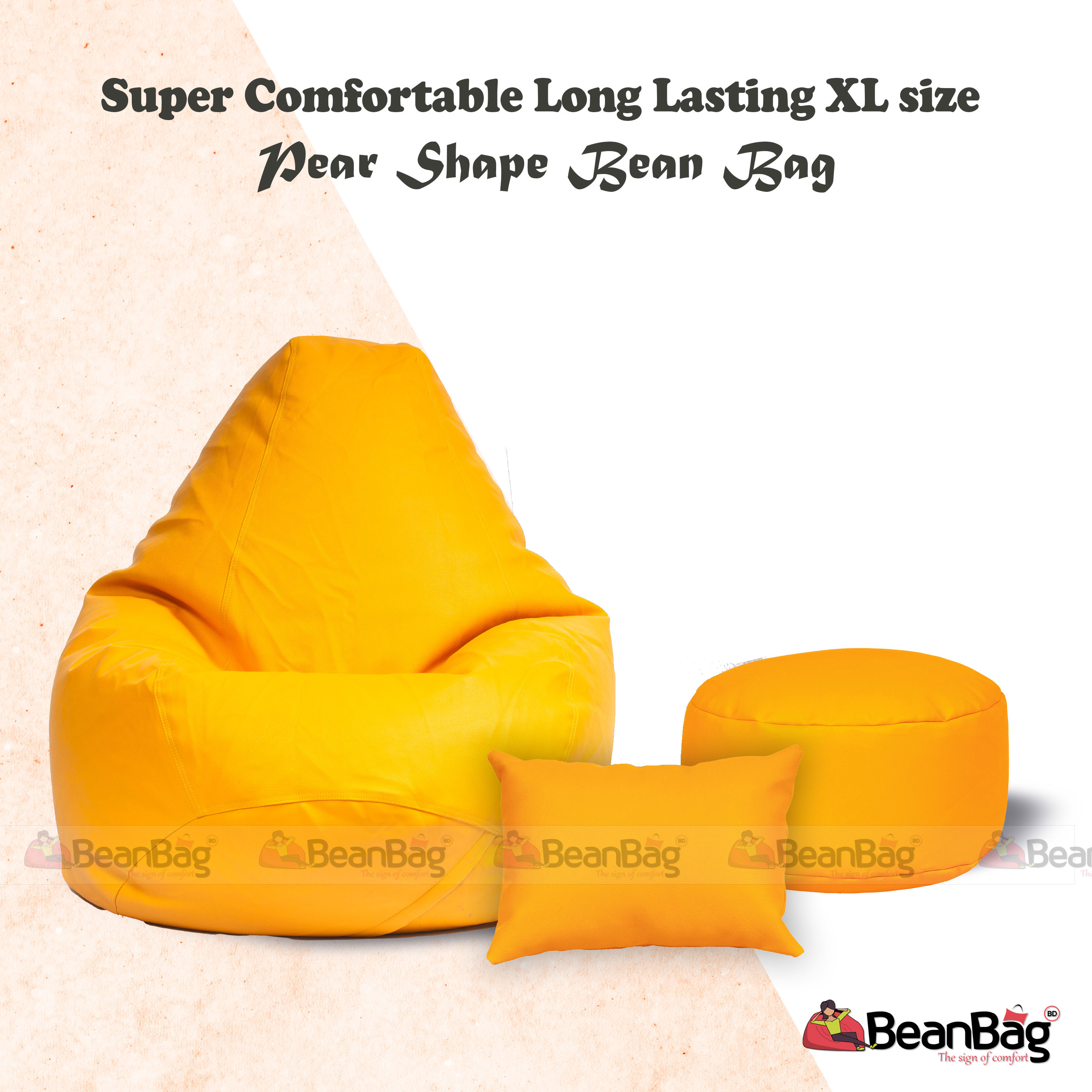 Bean Bag BD-XL Size Pear Shape Bean Bag Full Set_ Bean Bag, Footrest & Pillow_Yellow Colour_Premium Quality