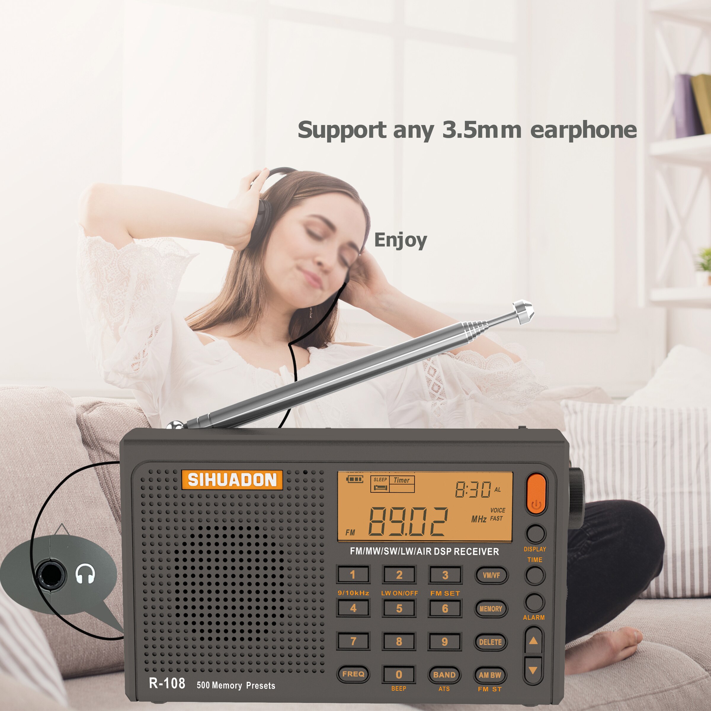 SIHUADON R-108 Radio FM Stereo Digital Portable Radio AM SW Air Radio Receiver Alarm Function Display Clock Temperature Speaker. 