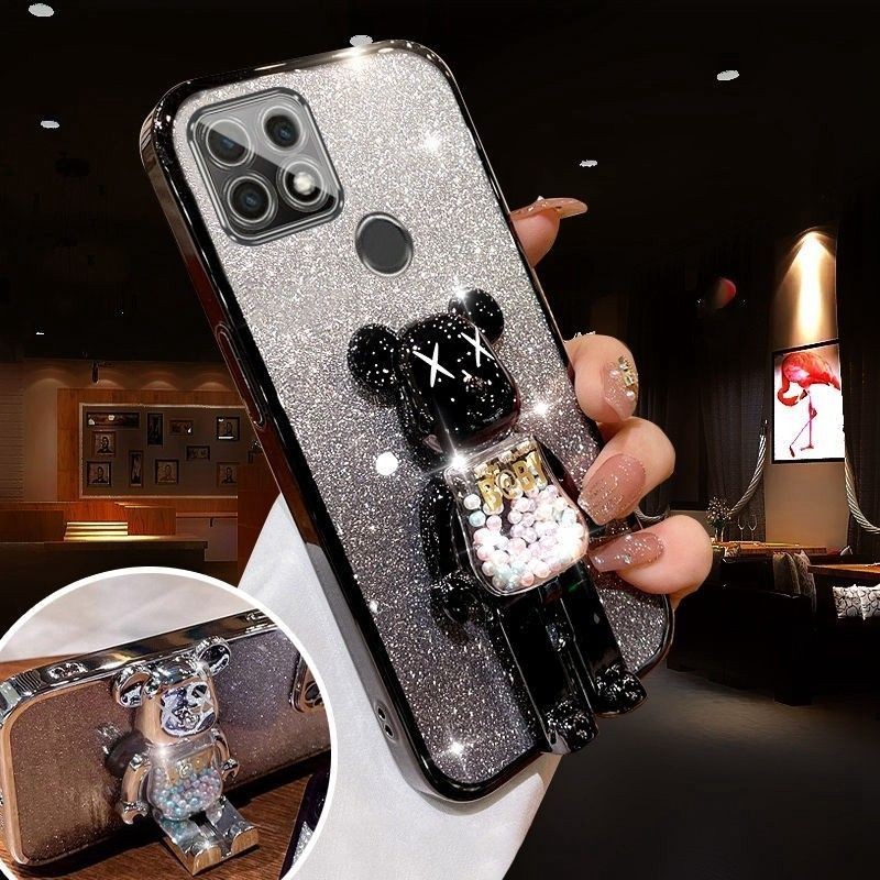 For Realme C25Y C21Y C21 C20 C17 C15 C11 2021 C11 Case Back cover 3D KWAS Violent Bear Doodle Stand Transparent Electroplate Glitter Phone Case
