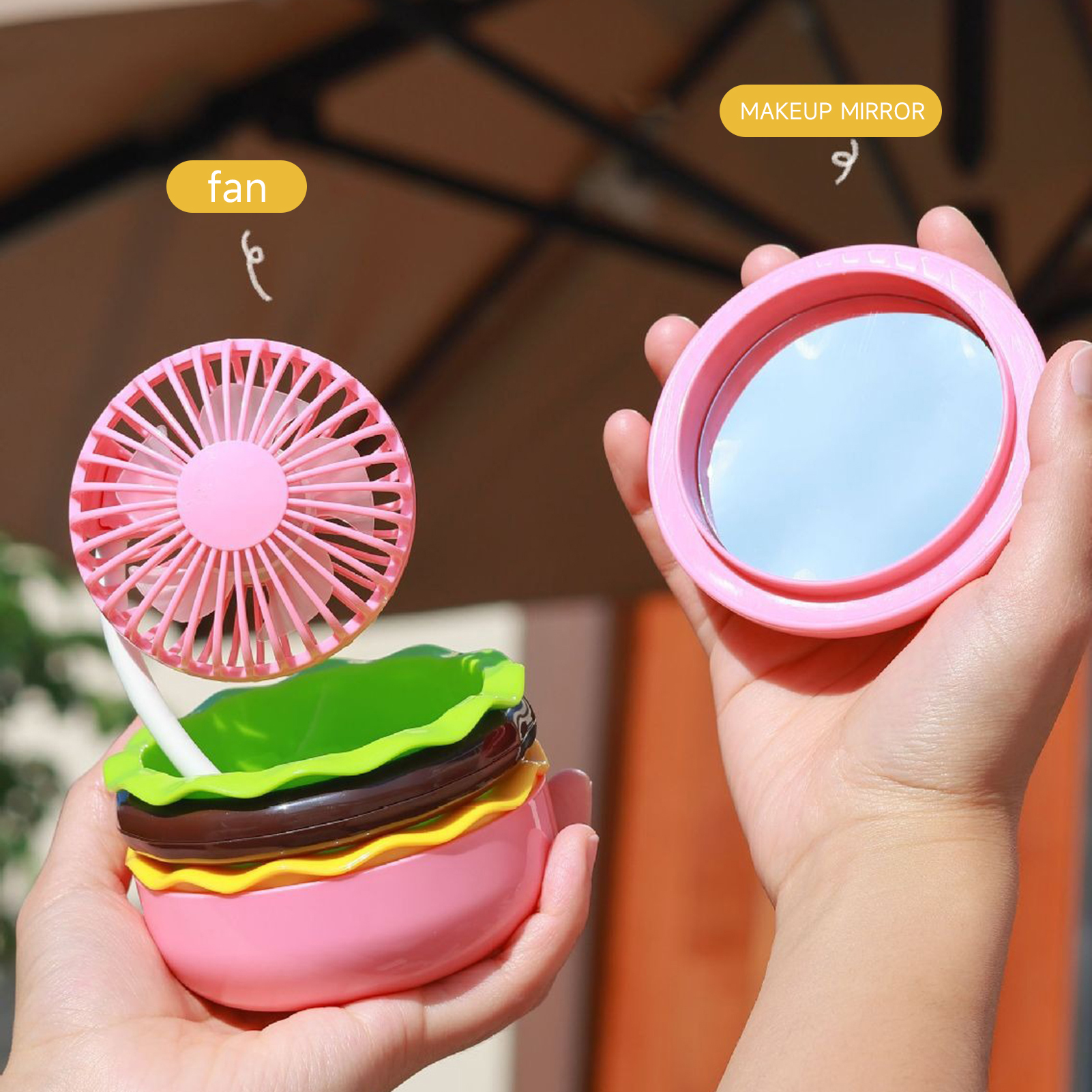 Lumina Small Fan Portable Rechargeable Cooling Fan with Makeup Mirror 3 Speeds Foldable Design Burger Shape Desktop Fan Decorative Ornament Ideal for Rechargeable Fan. 