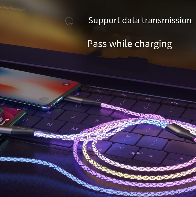 RGB data cable one tow three car luminous breathing gradient super fast charging for Apple Android Type-C. 