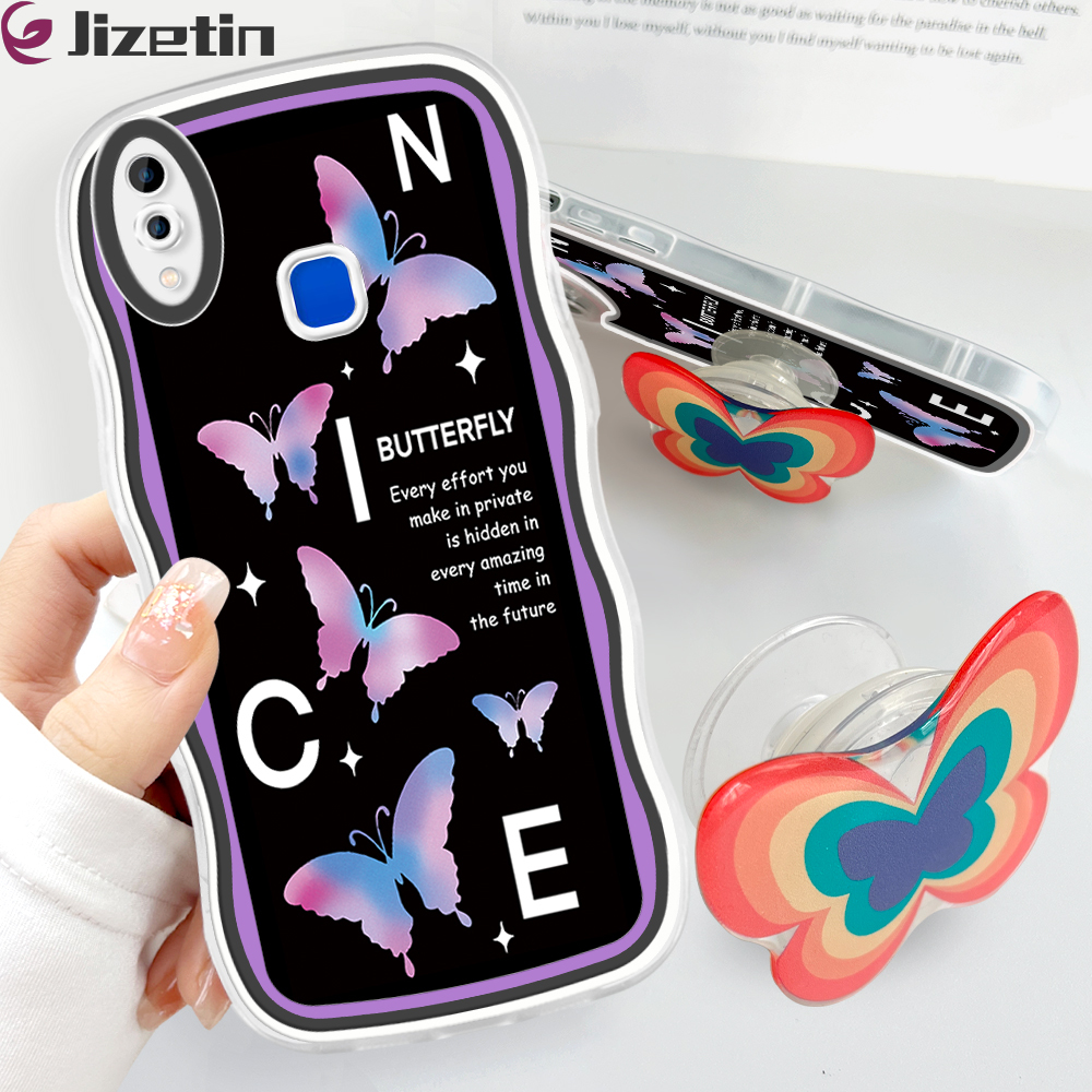 Jizetin for Vivo Y91 Y95 Back Cover + Free Pop Socket Colorful Butterfly Soft Wavy Shape TPU Phone Case For Girls Boys