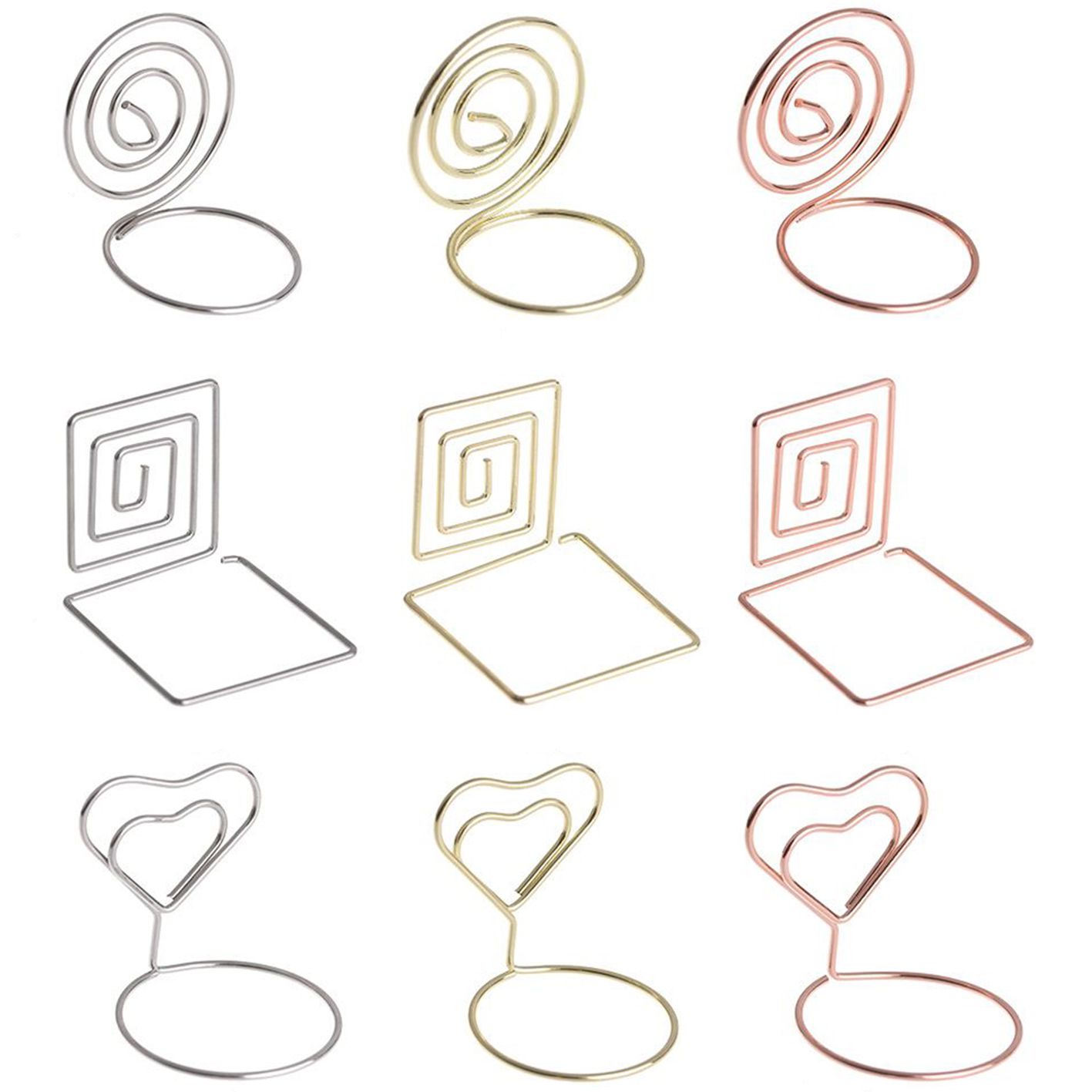 9PCS Rose Gold Metallic Heart Shape Paper Clamp Ring Shape Wedding Supplies Place Card Table Numbers Holder Photos Clips Clamps Stand