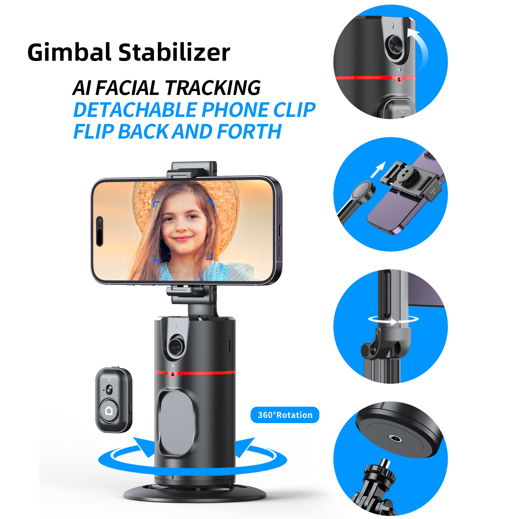 Mini Handheld Gimbal Stabilizer Detachable Clip Smart Face Tracking Wireless Selfie Stick Tripod with Light