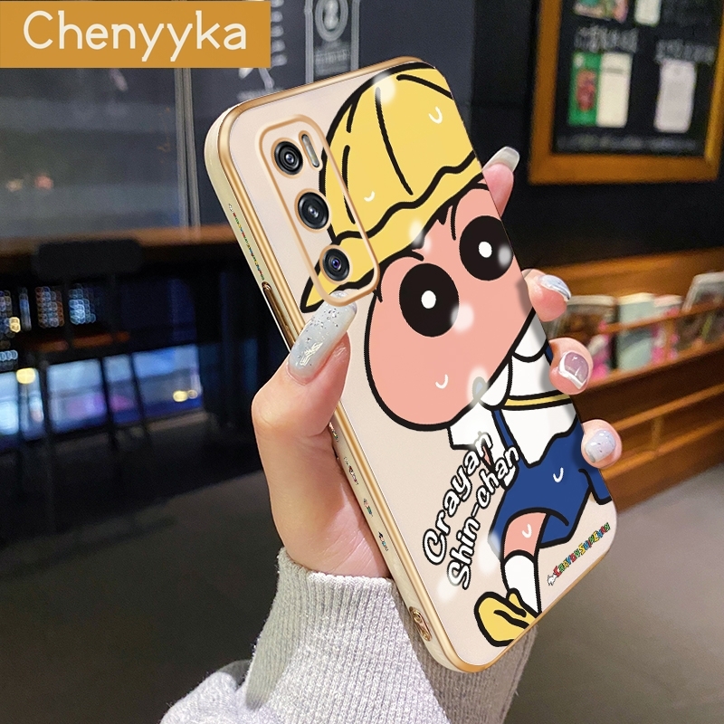 Chenyyka For vivo V20 SE Case New Cartoon Side Design Plating Phone Case Square Edge Pattern Silicone Casing Cartoon Cute Crayon Full Back Cover Camera Protection Cases SoftCase. 