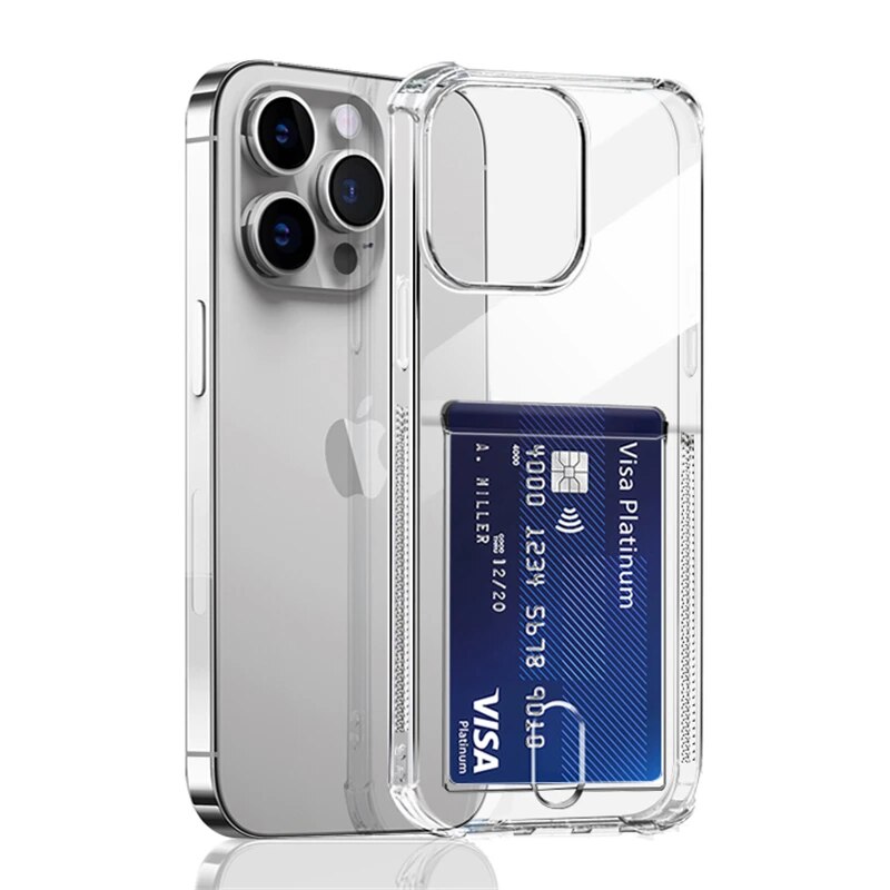 Clear Card Holder Phone Case For iPhone 15 14 13 12 Mini 11 Pro Max XS MAX XR X Transparent Soft Silicone Credit Slot Back Cover