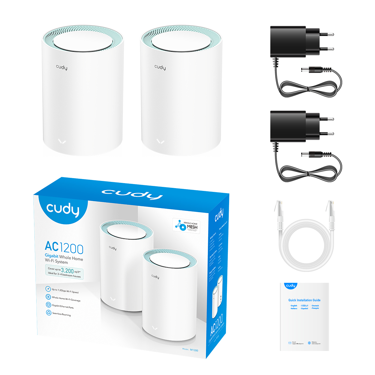 Cudy M1300 (2-Pack) AC1200 Dual Band Whole Home Wi-Fi Mesh System - 867Mbps on 5GHz and 300Mbps on 2.4GHz - 2 Gigabit Ethernet Ports - White. 