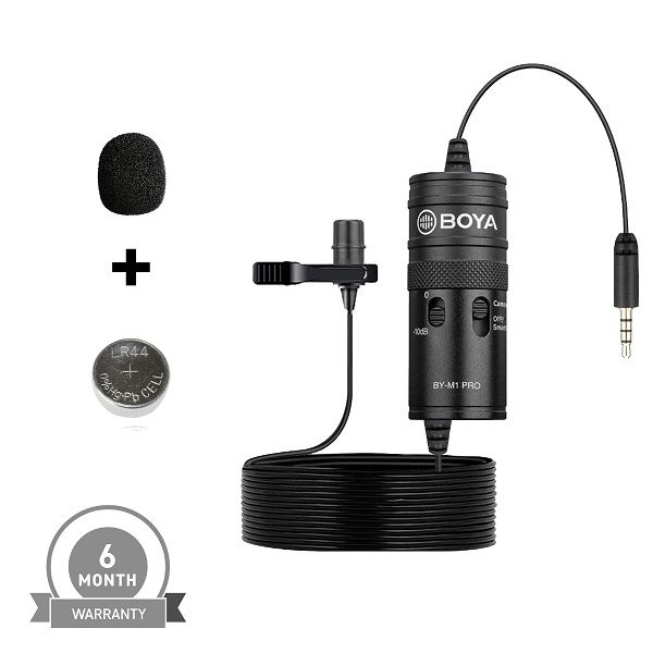 Boya M1 Pro Lavalier Microphone with 3.5mm Jack for Smartphones, DSLRs, Camcorders, and PCs, Low Handling Noise, High-Quality Condenser, Includes Battery and Accessories