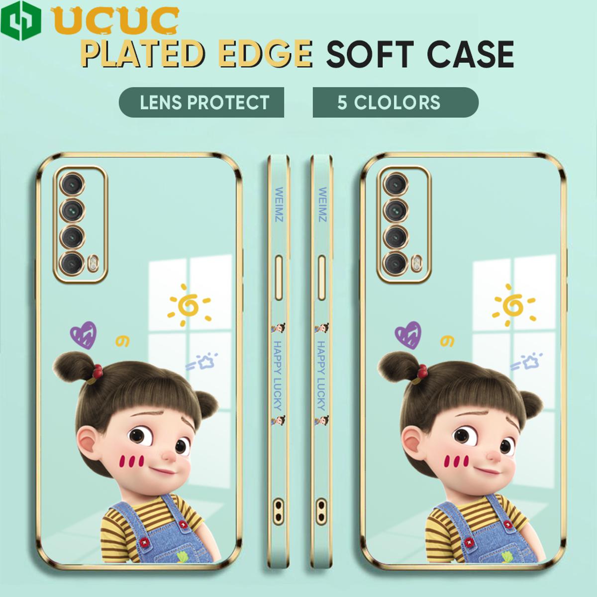 UCUC for Huawei Y7A Back Cover + Free Lanyard Lovely Girl Luxury 6D Plating Case Side Pattern Soft Silicone Square Phone Cases