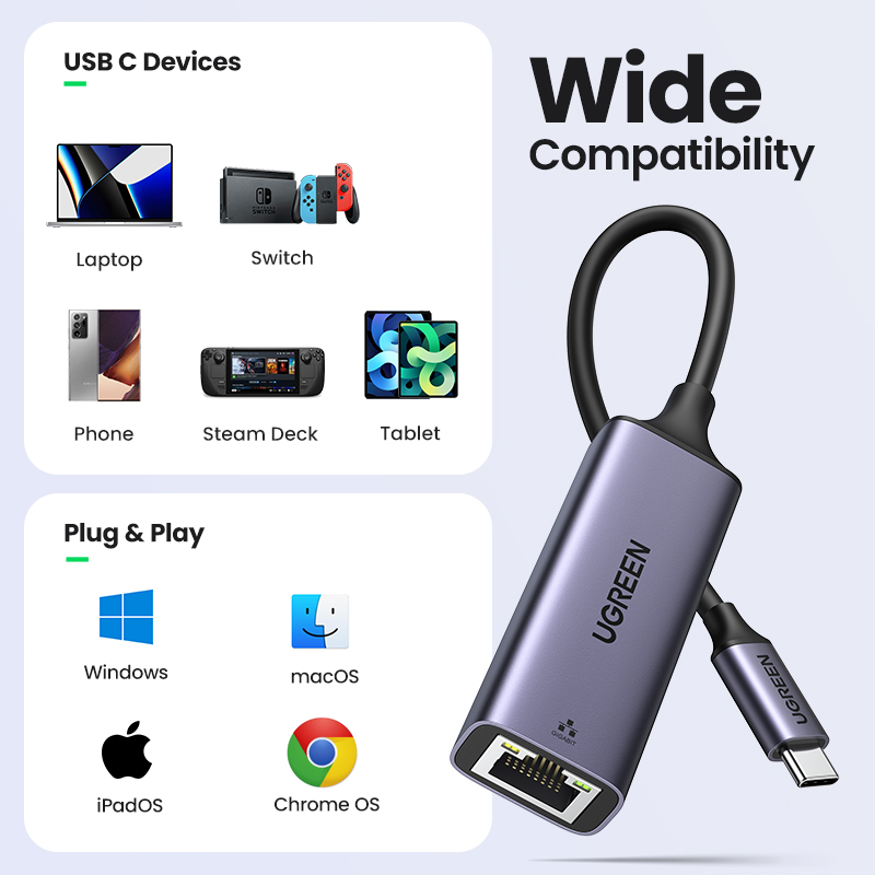 UGREEN USB C to Ethernet Adapter RJ45 to Thunderbolt 3 Type C Gigabit Network LAN Converter 10 100 1000Mbps for MacBook Pro Air, iPad Pro, Galaxy S20 S10 S9, XPS 13 15, Surface Book 2 Go, Chromebook Network Card USB Ethernet. 