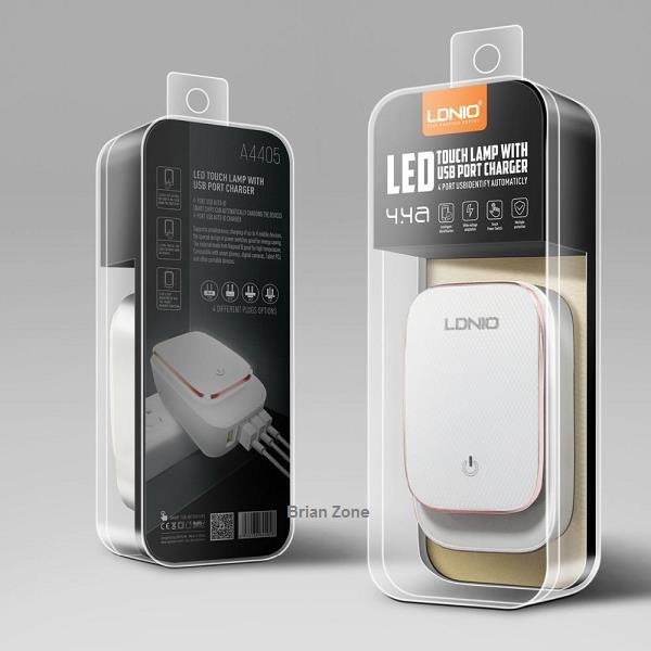 LDNIO A4405 LED Touch Lamp Universal 4 USB Ports 4.4A Auto ID Fast Charger Adapter with USB Data Cable For Smartphone White. 