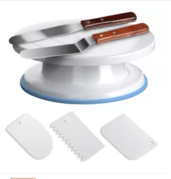 6 Combo Cake Decorating Turntable Rotating Cake Stand Cake Plate with 3 Scraper and  Stainless Steel Palette Knife 8" 2 pieces for Cake Decorating, Baking, Pastries and Icing Patterns, 28x7 cm, White. 