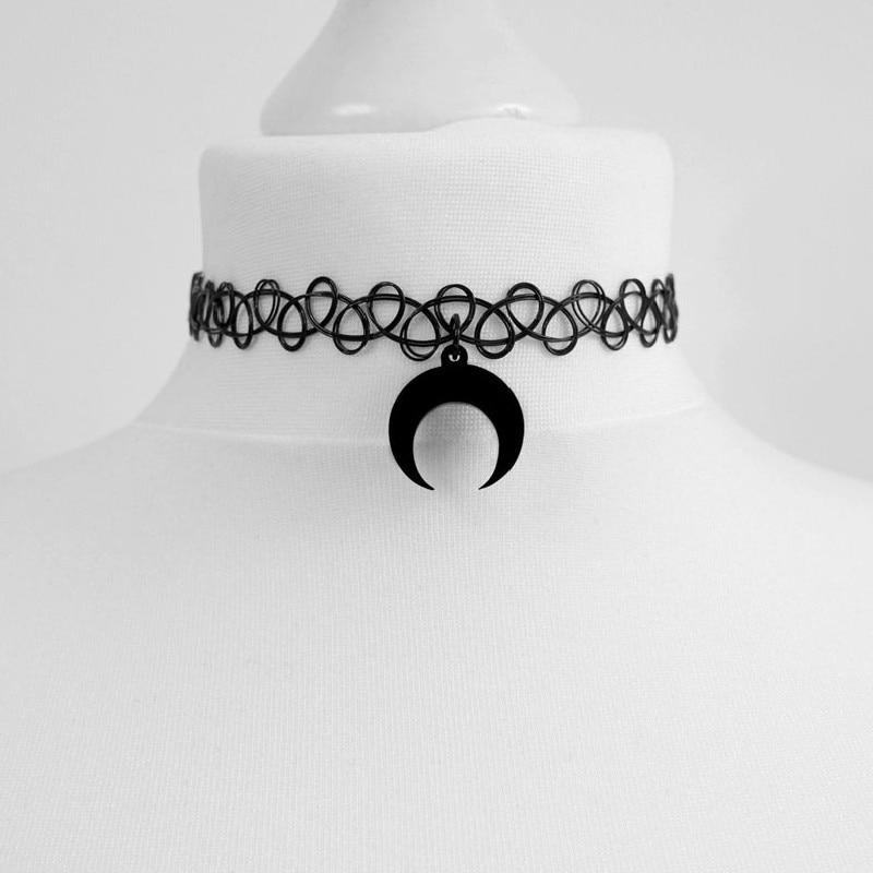 Black Crescent Moon Choker Necklace Gothic Grunge Black Velvet Jewelry Gorgeous Women Pendant Gift Gothic Statement Goth New. 