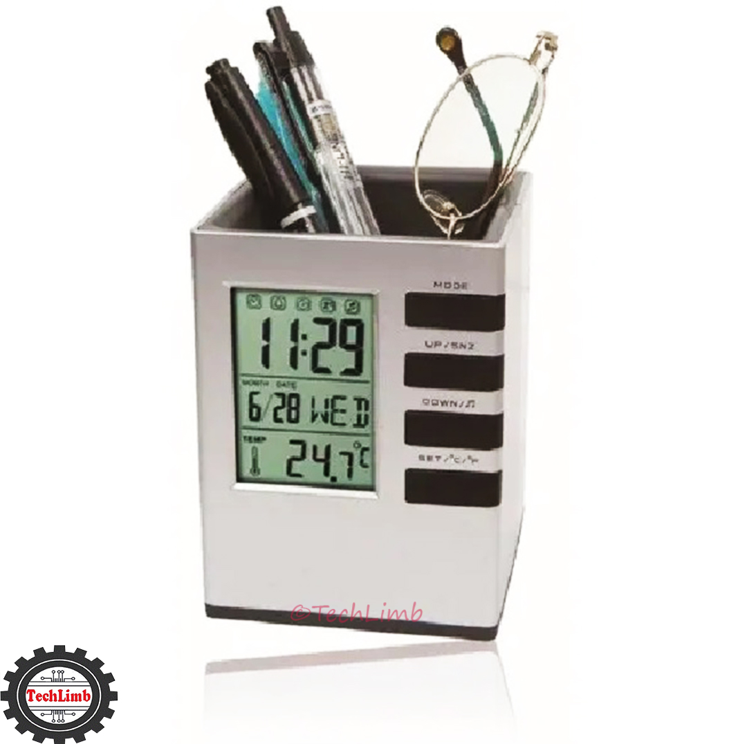 CUBE Desk Pen Stand with Digital Clock, Temperature, Alarm & Calendar - Multifunctional Pen Holder for Office & Home Desk - TechLimb. 